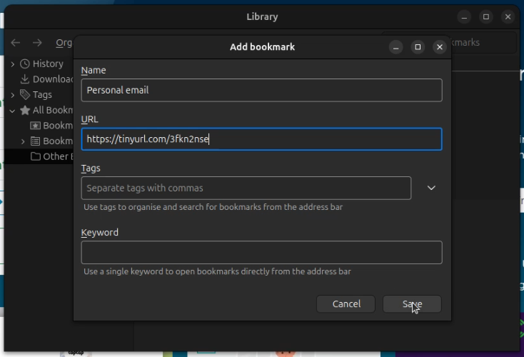 A screenshot of adding a bookmark in Firefox