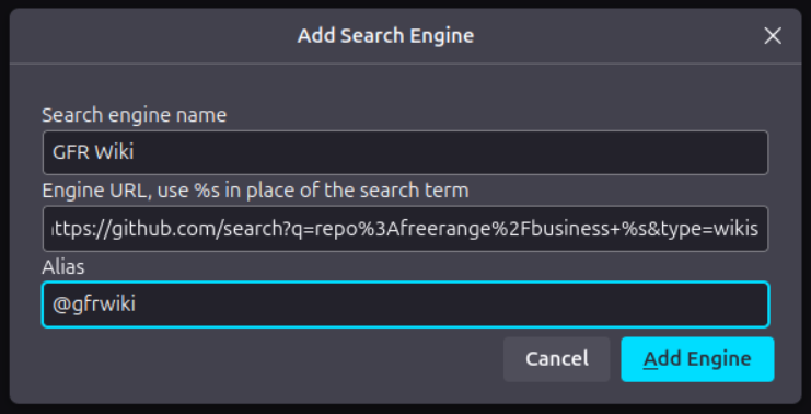 A screenshot of adding a custom search engine in Firefox