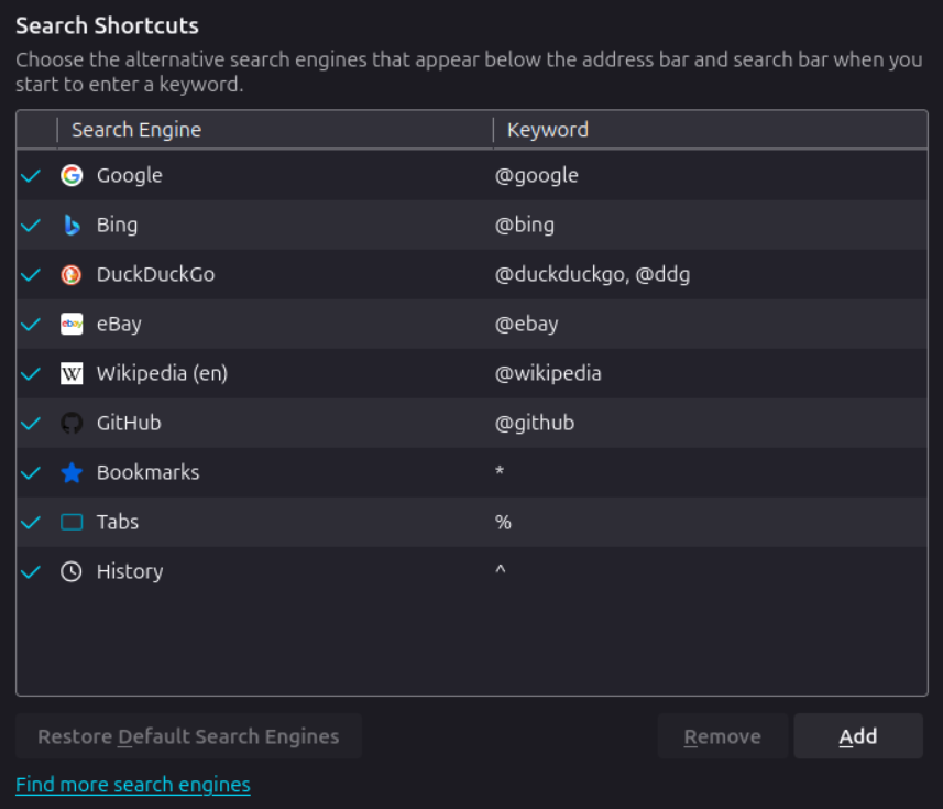 A screenshot of the search engine preferences in Firefox after enabling them to be added