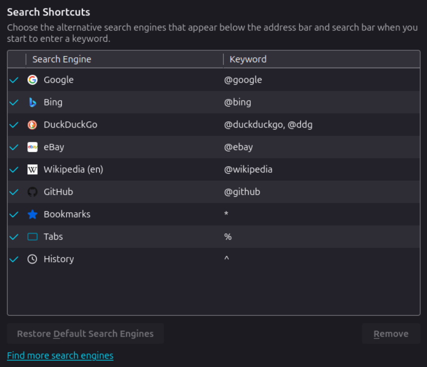 A screenshot of the search engine preferences in Firefox